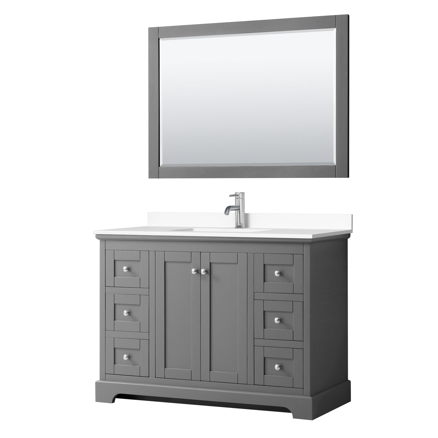 Avery 48 Inch Single Bathroom Vanity in Dark Gray, White Cultured Marble Countertop, Undermount Square Sink, 46 Inch Mirror