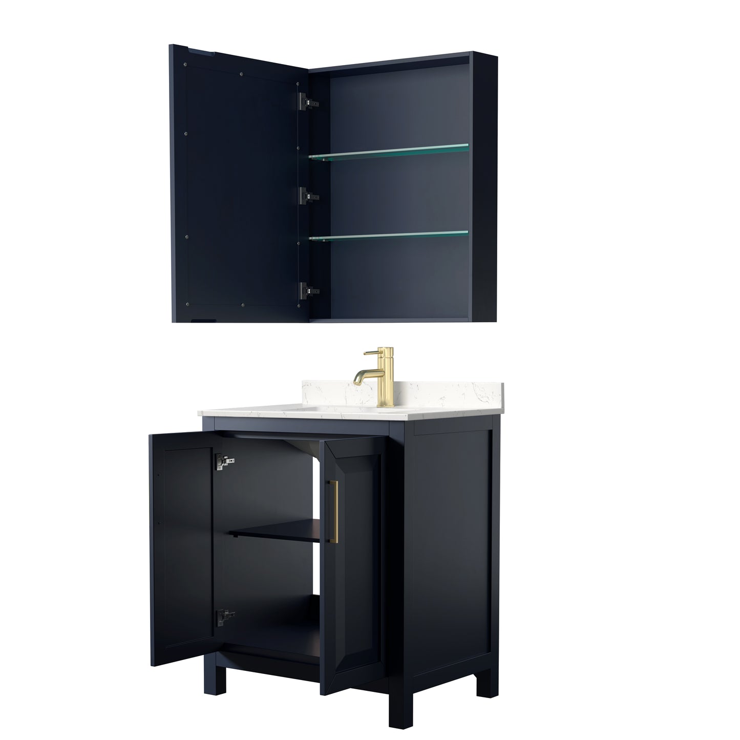 Daria 30 Inch Single Bathroom Vanity in Dark Blue, Carrara Cultured Marble Countertop, Undermount Square Sink, Medicine Cabinet