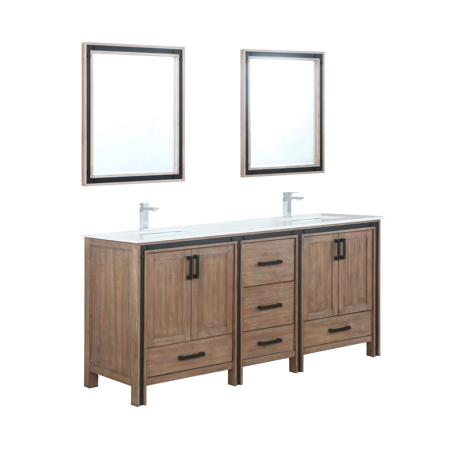 Ziva 72" Rustic Barnwood Double Vanity, Cultured Marble Top, White Square Sink and 30" Mirrors w/ Faucet