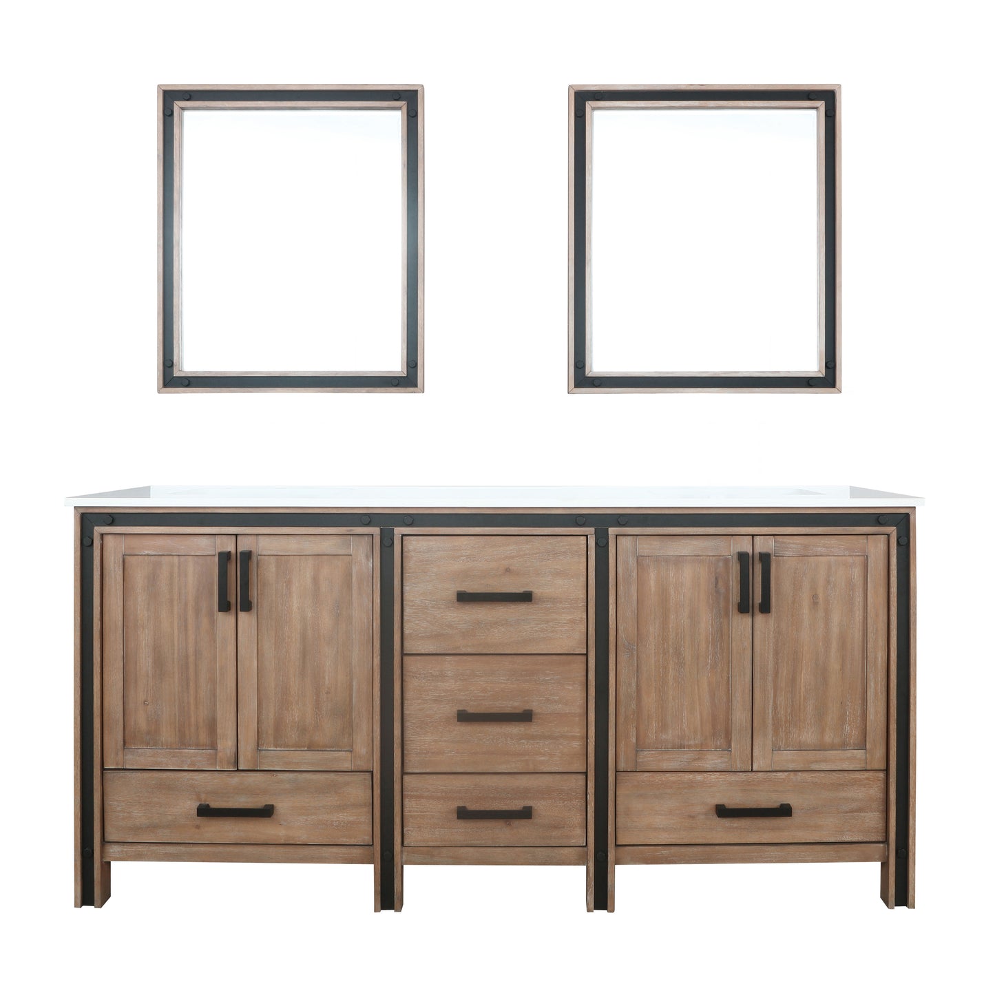 Ziva 72" Rustic Barnwood Double Vanity, Cultured Marble Top, White Square Sink and 30" Mirrors