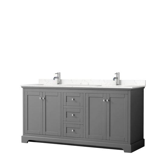 Avery 72 Inch Double Bathroom Vanity in Dark Gray, Carrara Cultured Marble Countertop, Undermount Square Sinks, No Mirror