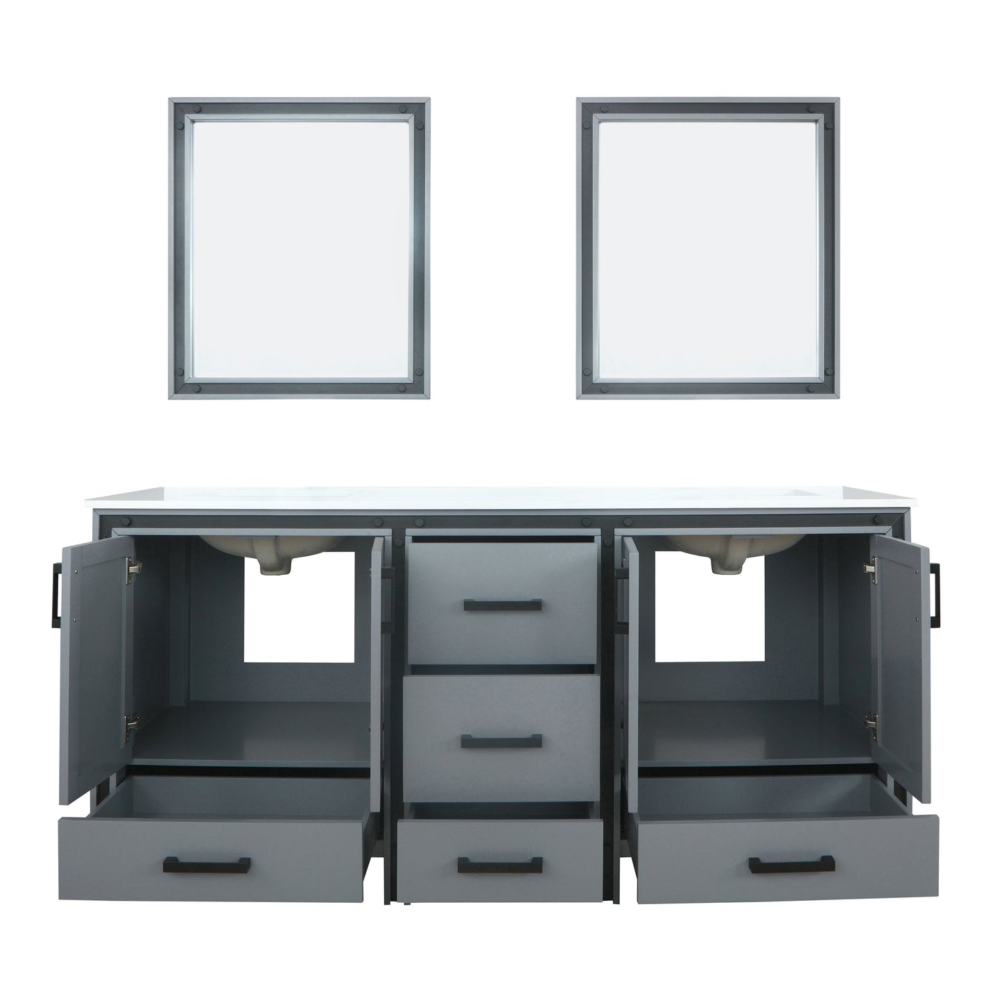 Ziva 72" Dark Grey Double Vanity, Cultured Marble Top, White Square Sink and 30" Mirrors