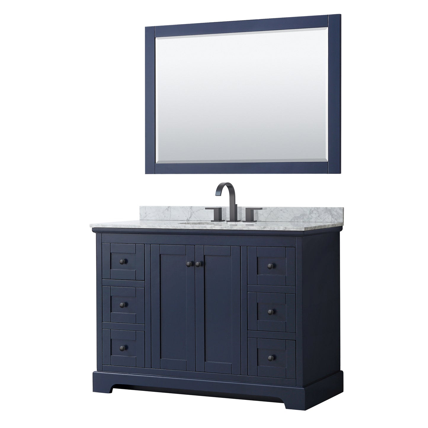 Avery 48 Inch Single Bathroom Vanity in Dark Blue, White Carrara Marble Countertop, Undermount Oval Sink, Matte Black Trim, 46 Inch Mirror