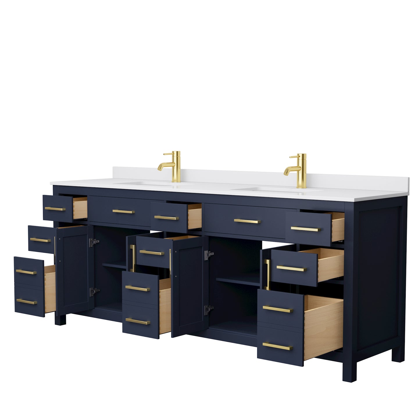 Beckett 84 Inch Double Bathroom Vanity in Dark Blue, White Cultured Marble Countertop, Undermount Square Sinks, No Mirror