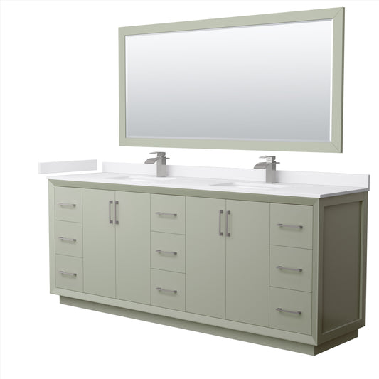 Strada 84 Inch Double Bathroom Vanity in Light Green, White Cultured Marble Countertop, Undermount Square Sinks, Brushed Nickel Trim, 70 Inch Mirror