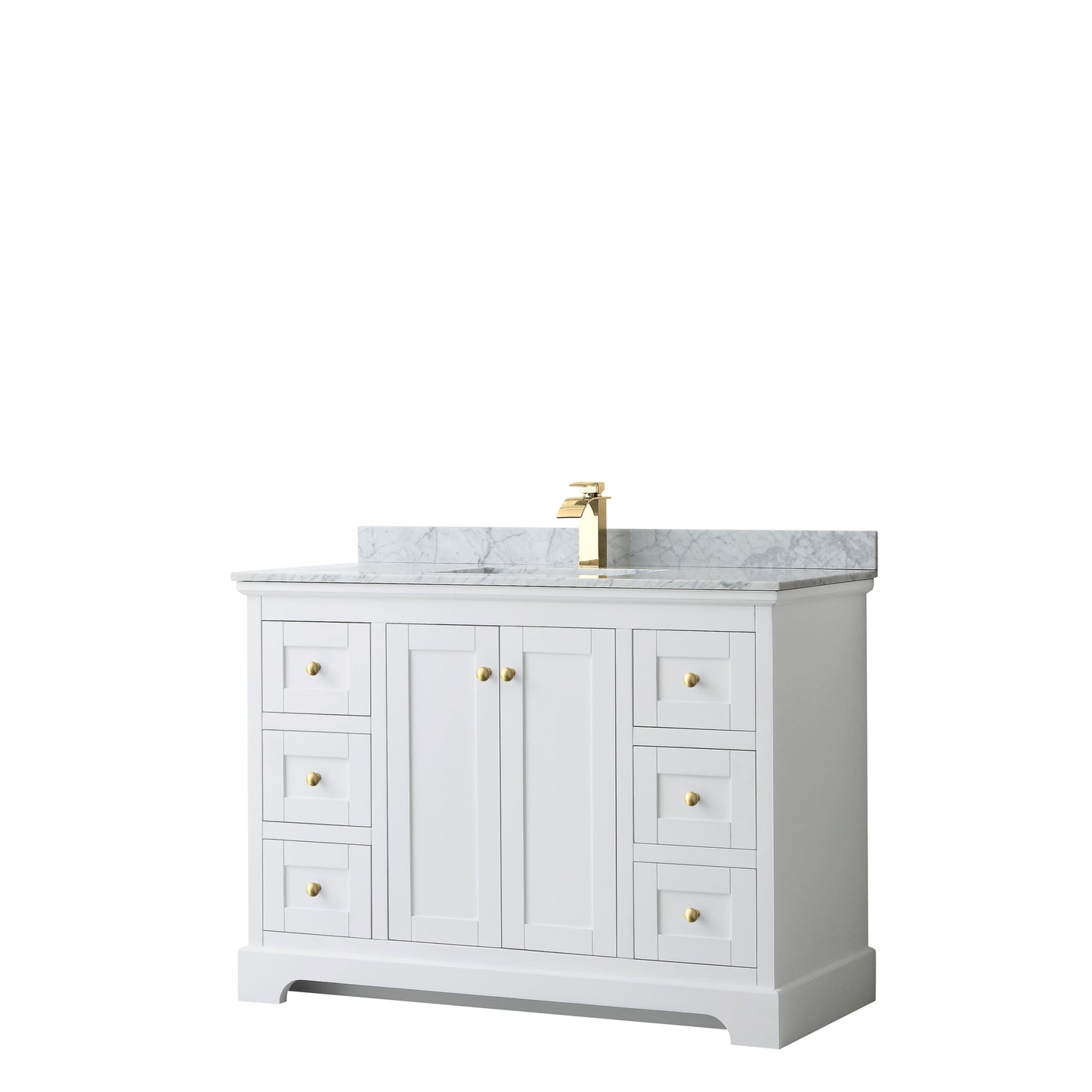 Avery 48 Inch Single Bathroom Vanity in White, White Carrara Marble Countertop, Undermount Square Sink, Brushed Gold Trim