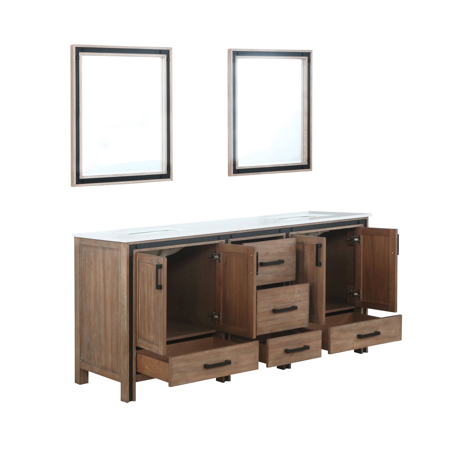 Ziva 72" Rustic Barnwood Double Vanity, Cultured Marble Top, White Square Sink and 30" Mirrors