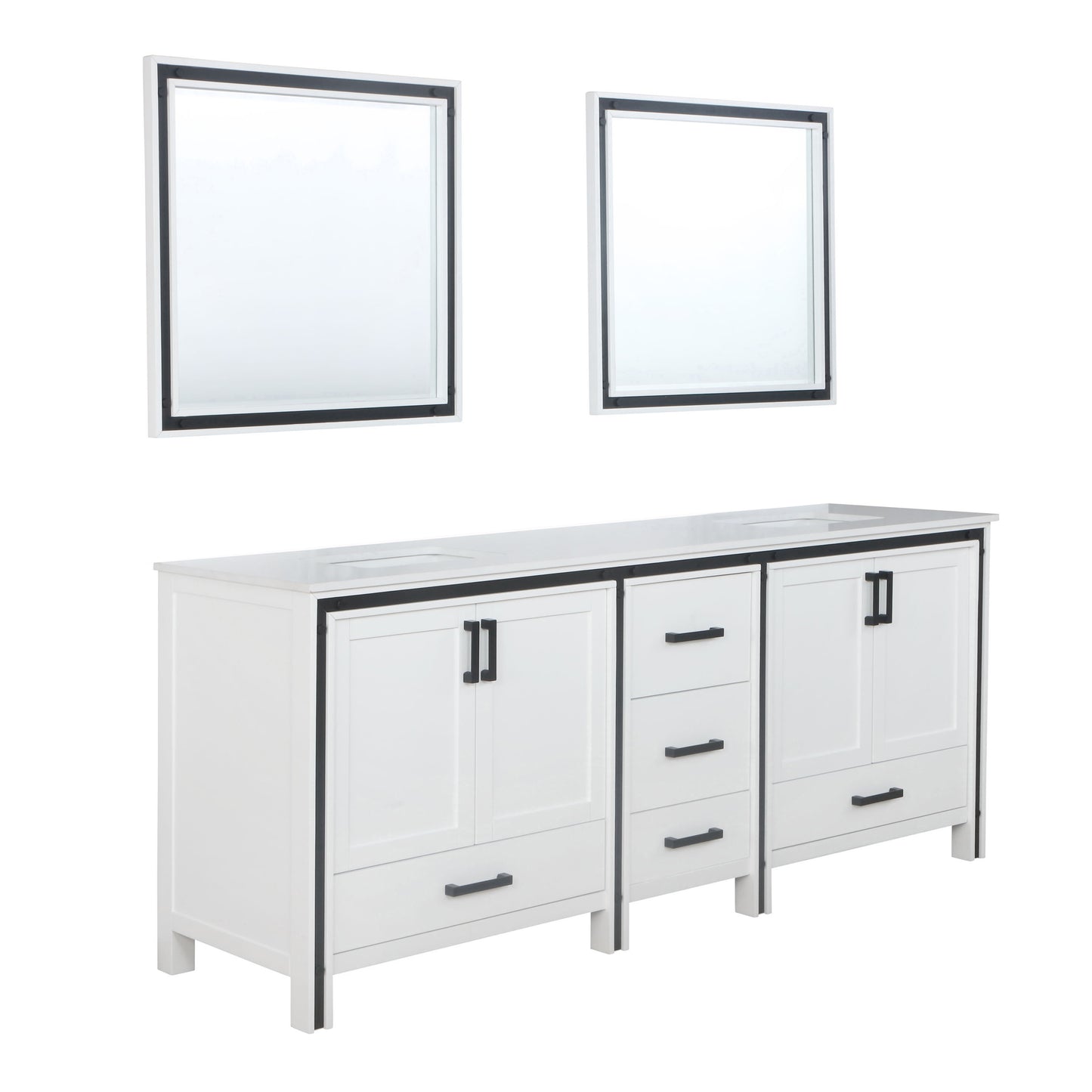 Ziva 84" White Double Vanity, Cultured Marble Top, White Square Sink and 34" Mirrors