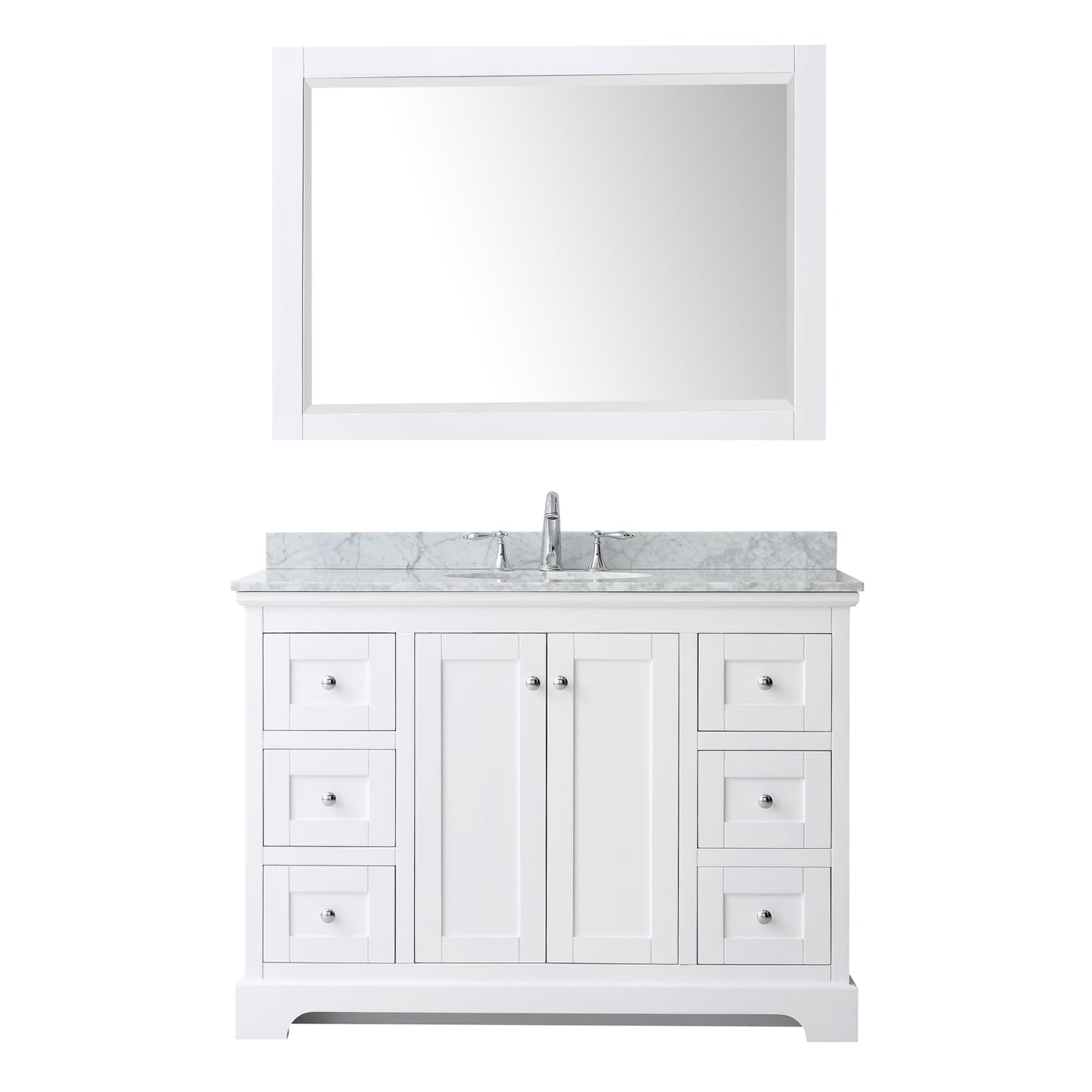 Avery 48 Inch Single Bathroom Vanity in White, White Carrara Marble Countertop, Undermount Oval Sink, and 46 Inch Mirror