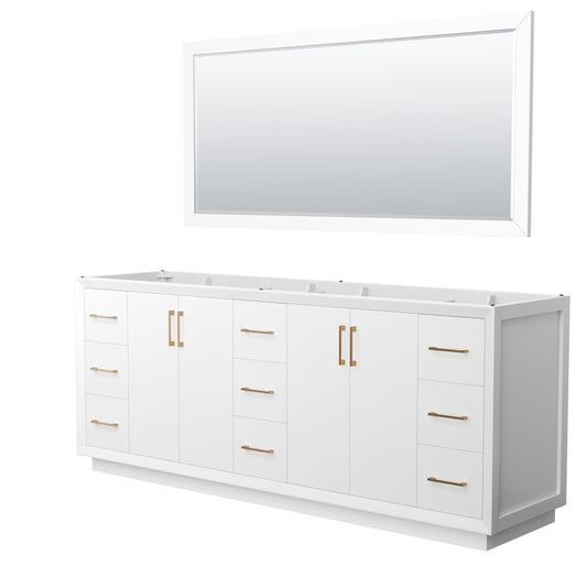 Strada 84 Inch Double Bathroom Vanity in White, No Countertop, No Sink, Satin Bronze Trim, 70 Inch Mirror
