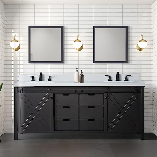 Lexora Marsyas Bath Vanity, Cultured Marble Countertop, Faucet Set and 28 in Mirror