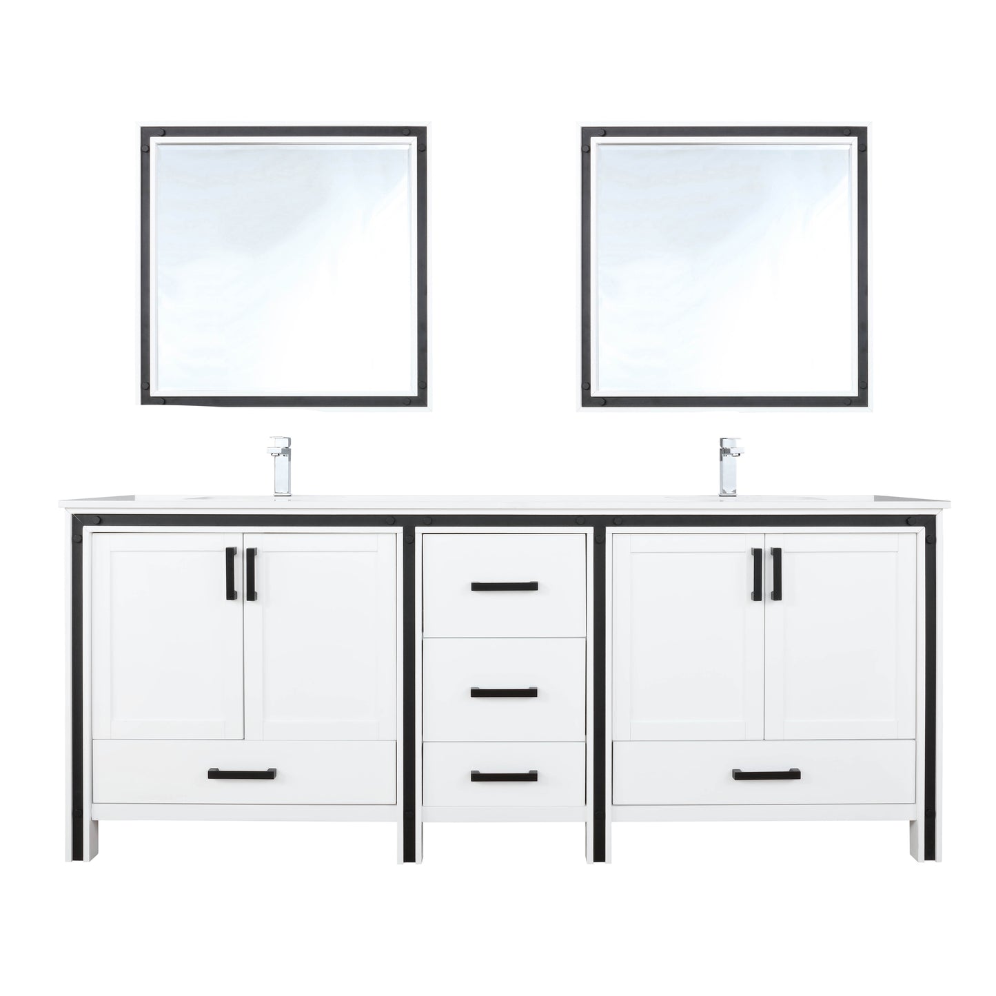 Ziva 80" White Double Vanity, Cultured Marble Top, White Square Sink and 30" Mirrors w/ Faucet