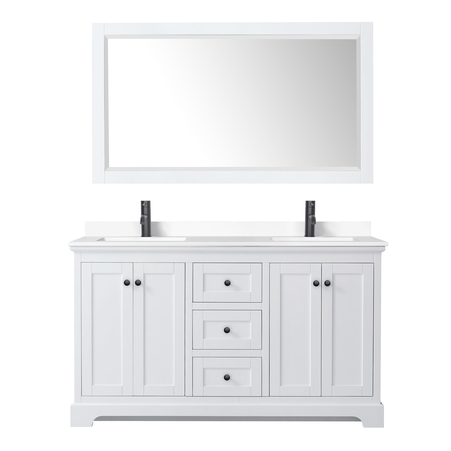 Avery 60 Inch Double Bathroom Vanity in White, White Cultured Marble Countertop, Undermount Square Sinks, Matte Black Trim, 58 Inch Mirror