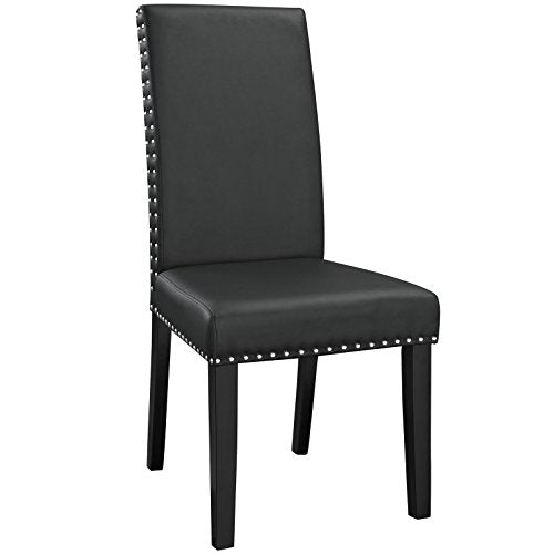 Modway Parcel Modern Upholstered Vinyl Parsons Dining Chair with Polished Nailhead Trim and Wood Legs in Black