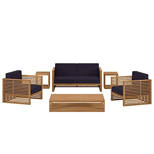 Modway Carlsbad 6-Piece Teak Wood Outdoor Patio Set in Natural/Navy