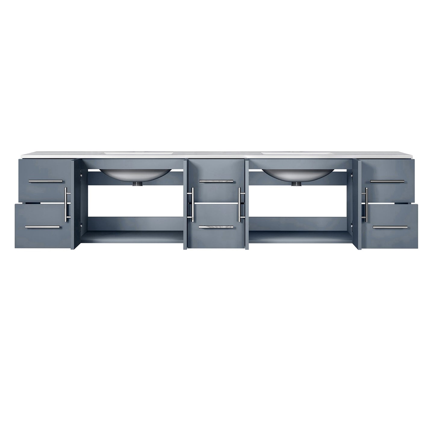 Geneva 84" Dark Grey Double Vanity, White Carrara Marble Top, White Square Sinks and no Mirror