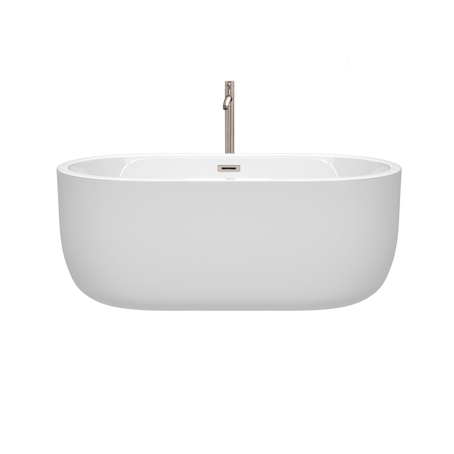 Juliette 60 Inch Freestanding Bathtub in White with Floor Mounted Faucet, Drain and Overflow Trim in Brushed Nickel