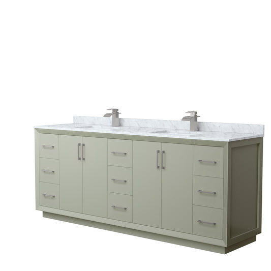 Strada 84 Inch Double Bathroom Vanity in Light Green, White Carrara Marble Countertop, Undermount Square Sinks, Brushed Nickel Trim