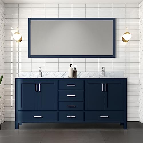 Lexora Jacques 72 in. W x 22 in. D Navy Blue Double Bath Vanity, Carrara Marble Top and 28 in. Mirror