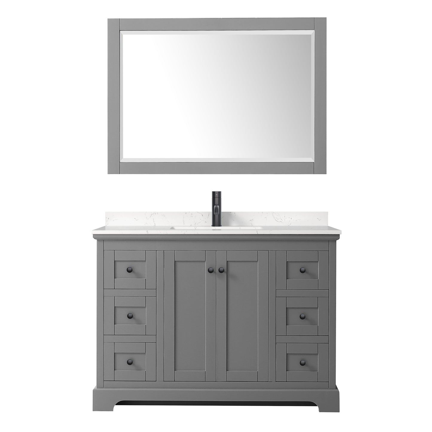 Avery 48 Inch Single Bathroom Vanity in Dark Gray, Carrara Cultured Marble Countertop, Undermount Square Sink, Matte Black Trim, 46 Inch Mirror