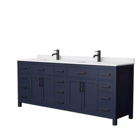 Beckett 84 Inch Double Bathroom Vanity in Dark Blue, White Cultured Marble Countertop, Undermount Square Sinks, Matte Black Trim