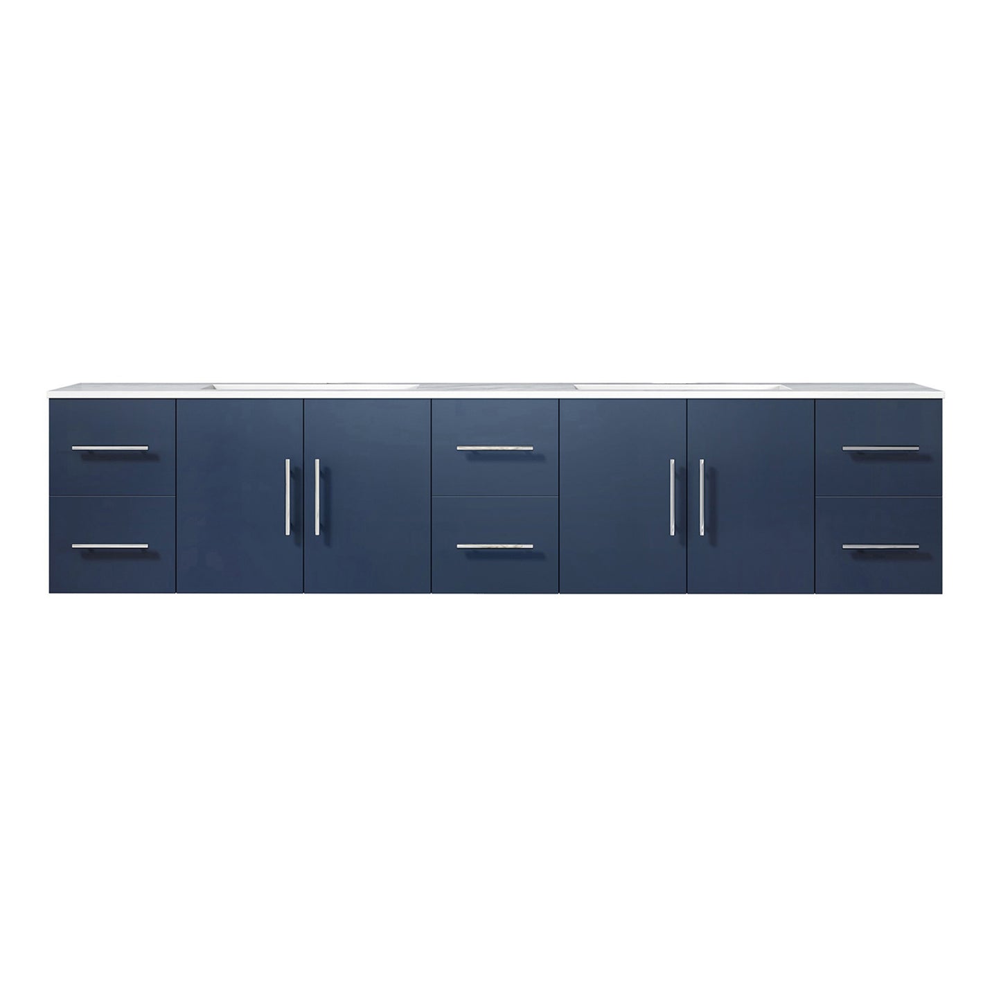 Geneva 84" Navy Blue Double Vanity, White Carrara Marble Top, White Square Sinks and no Mirror