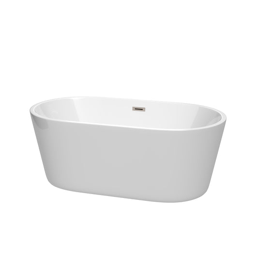 Carissa 60 Inch Freestanding Bathtub in White with Brushed Nickel Drain and Overflow Trim