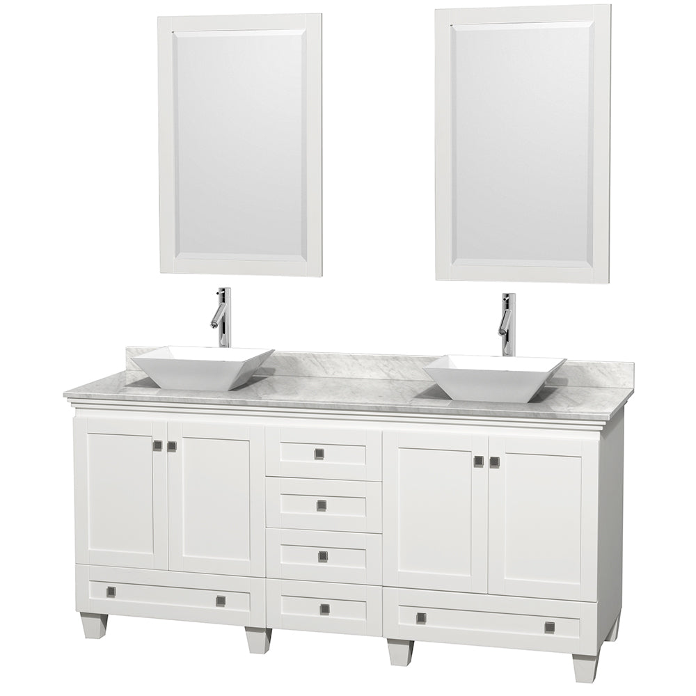 Acclaim 72 Inch Double Bathroom Vanity in White, White Carrara Marble Countertop, Pyra White Sinks, and 24 Inch Mirrors