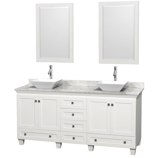Acclaim 72 Inch Double Bathroom Vanity in White, White Carrara Marble Countertop, Pyra White Sinks, and 24 Inch Mirrors