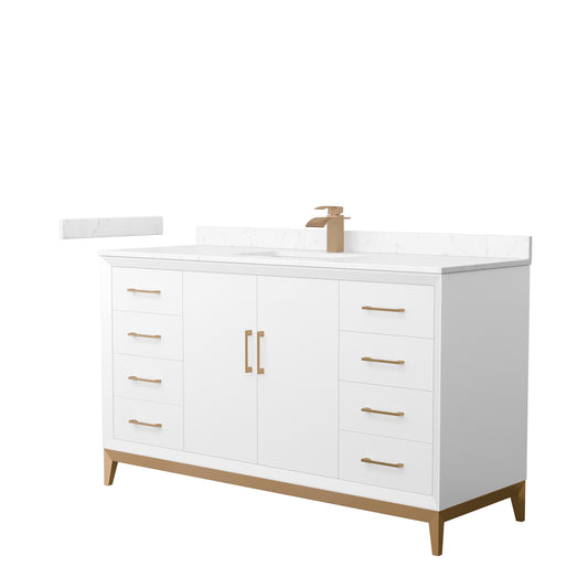 Amici 60 Inch Single Bathroom Vanity in White, Carrara Cultured Marble Countertop, Undermount Square Sink, Satin Bronze Trim
