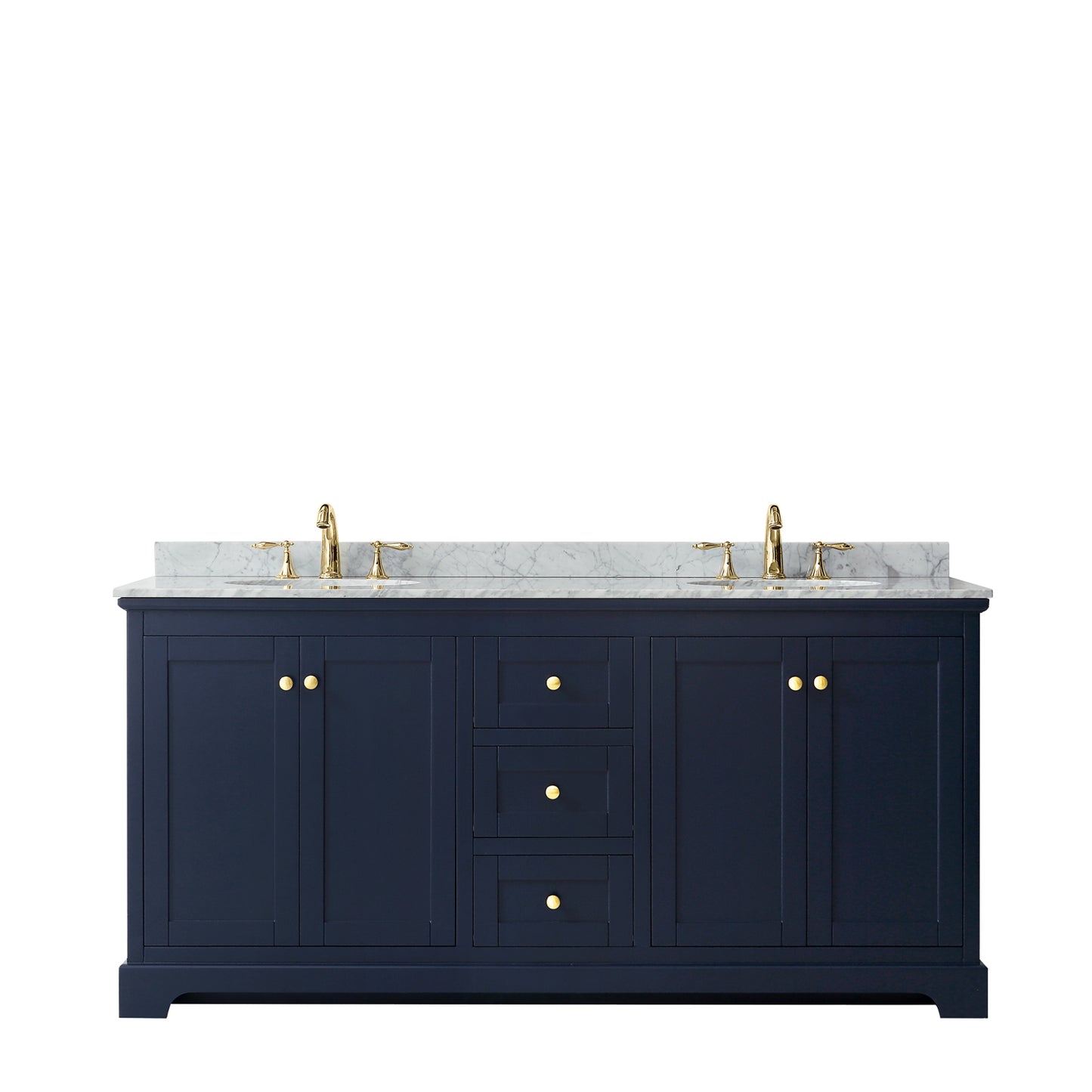 Avery 72 Inch Double Bathroom Vanity in Dark Blue, White Carrara Marble Countertop, Undermount Oval Sinks, and No Mirror