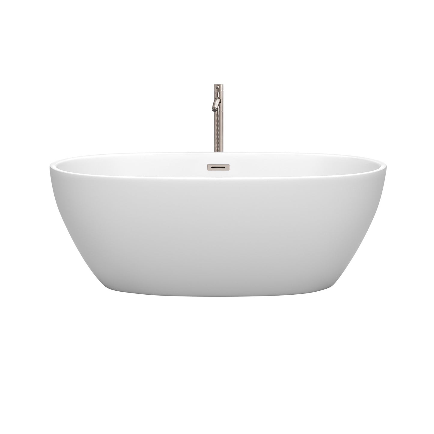 Juno 63 Inch Freestanding Bathtub in Matte White with Floor Mounted Faucet, Drain and Overflow Trim in Brushed Nickel