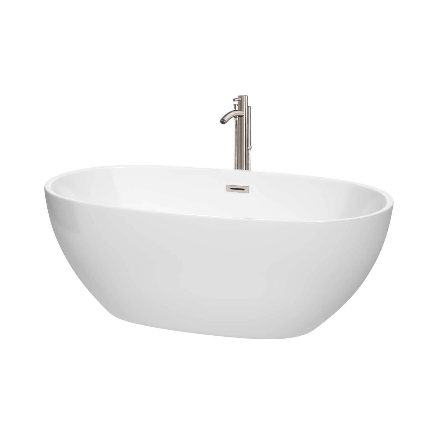 Juno 63 Inch Freestanding Bathtub in White with Floor Mounted Faucet, Drain and Overflow Trim in Brushed Nickel