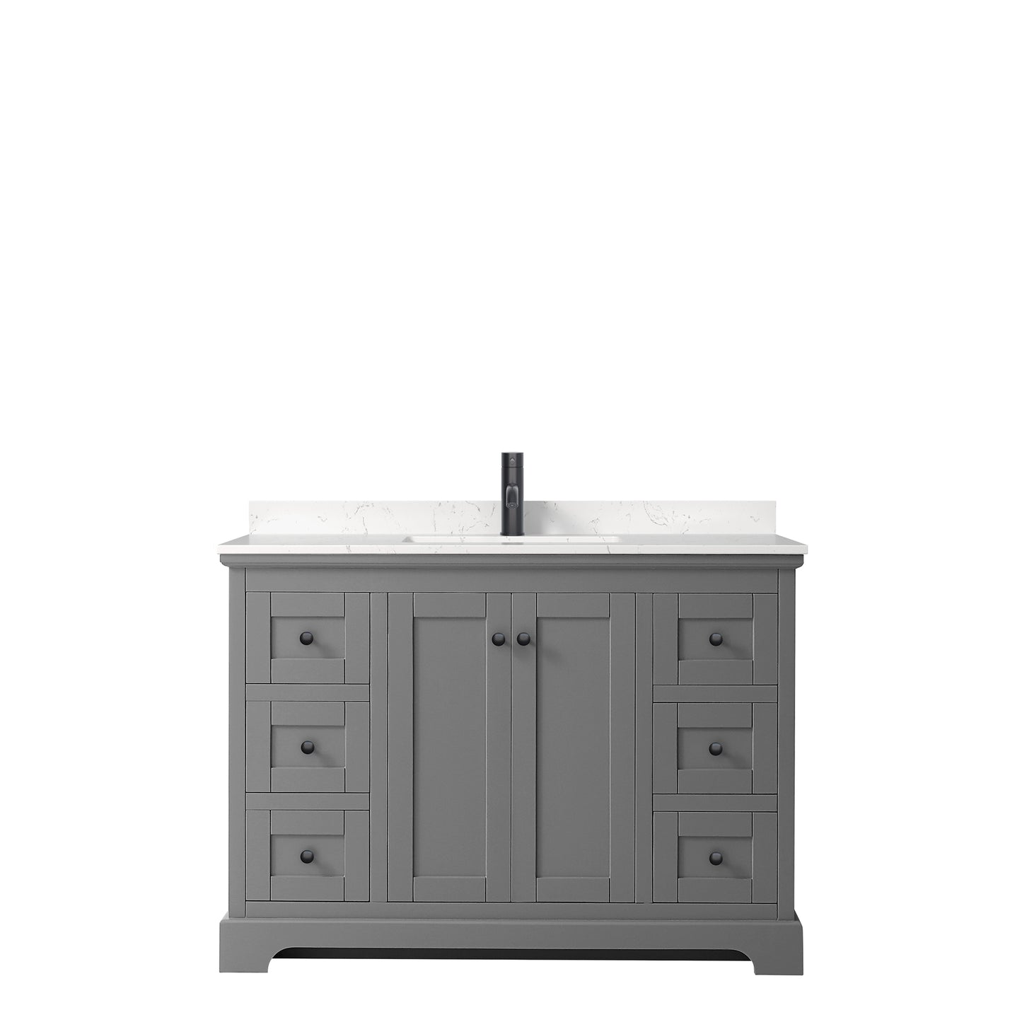 Avery 48 Inch Single Bathroom Vanity in Dark Gray, Carrara Cultured Marble Countertop, Undermount Square Sink, Matte Black Trim
