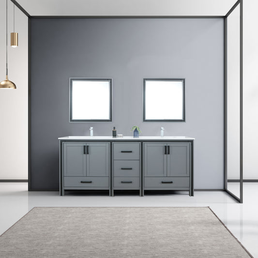 Ziva 80" Dark Grey Double Vanity, Cultured Marble Top, White Square Sink and 30" Mirrors w/ Faucet