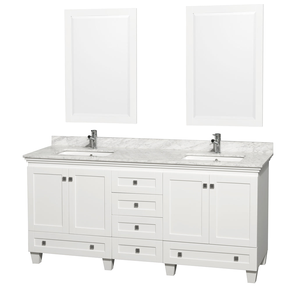 Acclaim 72 Inch Double Bathroom Vanity in White, White Carrara Marble Countertop, Undermount Square Sinks, and 24 Inch Mirrors