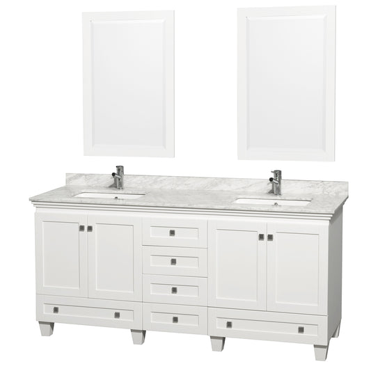 Acclaim 72 Inch Double Bathroom Vanity in White, White Carrara Marble Countertop, Undermount Square Sinks, and 24 Inch Mirrors