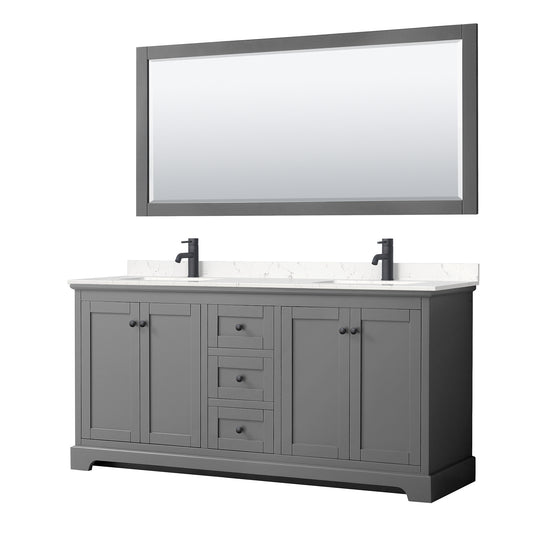 Avery 72 Inch Double Bathroom Vanity in Dark Gray, Carrara Cultured Marble Countertop, Undermount Square Sinks, Matte Black Trim, 70 Inch Mirror