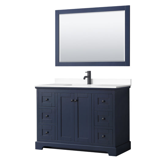 Avery 48 Inch Single Bathroom Vanity in Dark Blue, White Cultured Marble Countertop, Undermount Square Sink, Matte Black Trim, 46 Inch Mirror