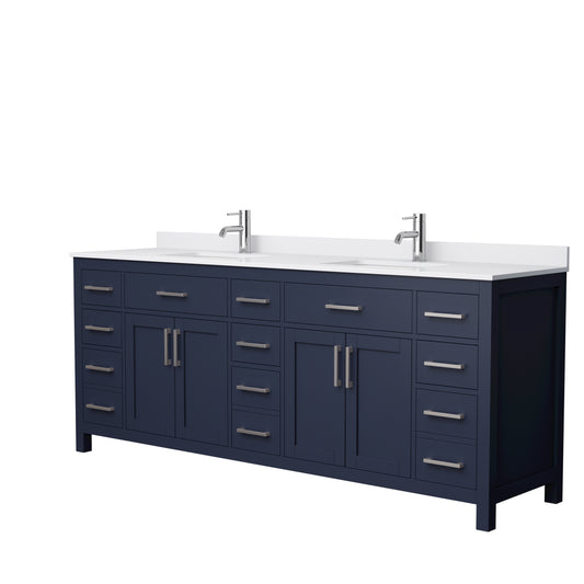 Beckett 84 Inch Double Bathroom Vanity in Dark Blue, White Cultured Marble Countertop, Undermount Square Sinks, Brushed Nickel Trim