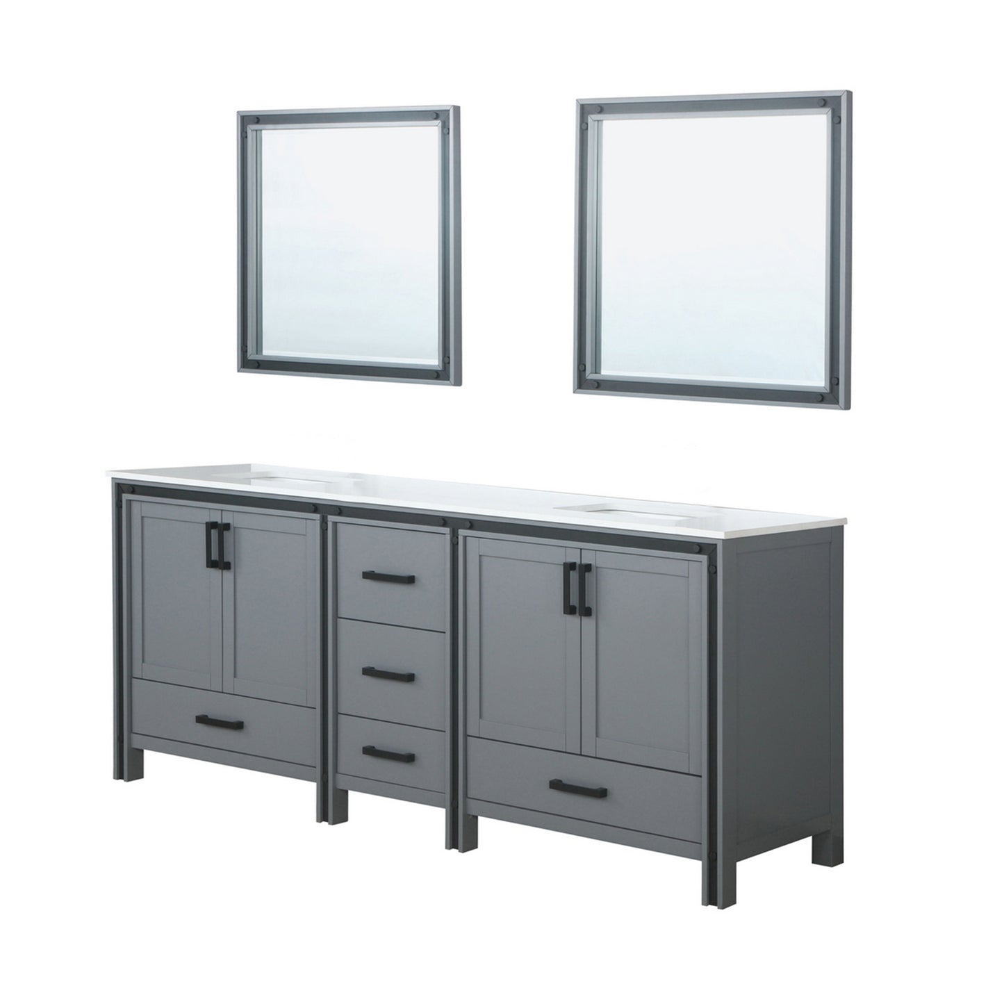 Ziva 84" Dark Grey Double Vanity, Cultured Marble Top, White Square Sink and 34" Mirrors