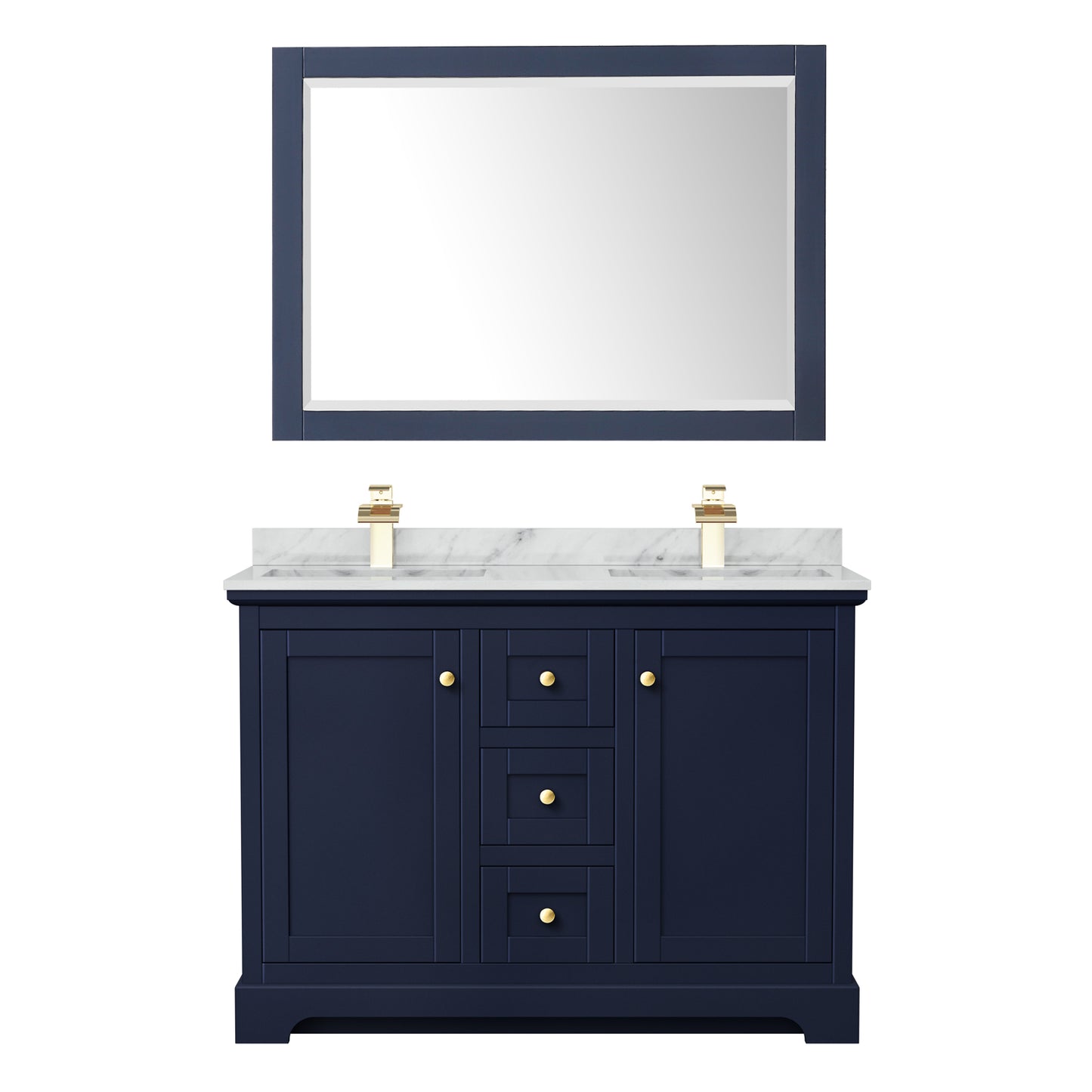 Avery 48 Inch Double Bathroom Vanity in Dark Blue, White Carrara Marble Countertop, Undermount Square Sinks, 46 Inch Mirror