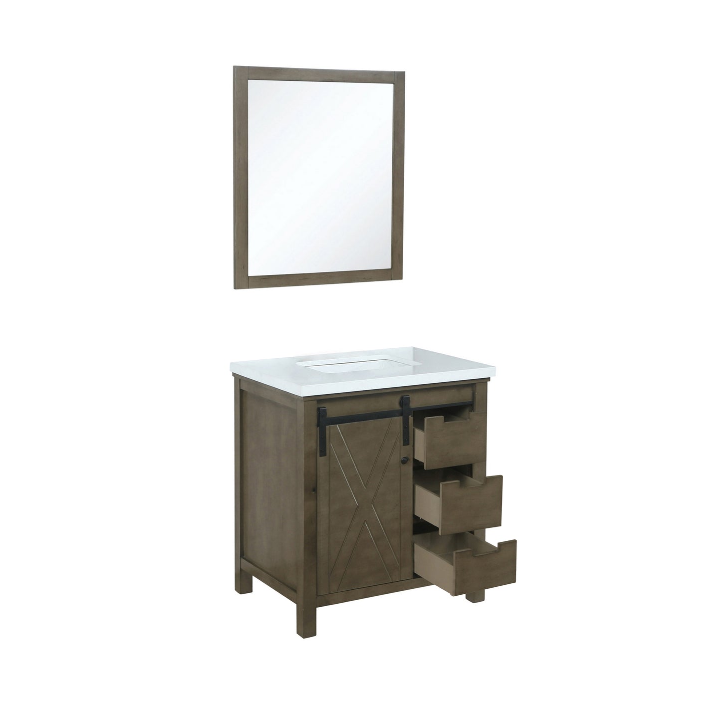 Marsyas 30" Rustic Brown Single Vanity, White Quartz Top, White Square Sink and 28" Mirror