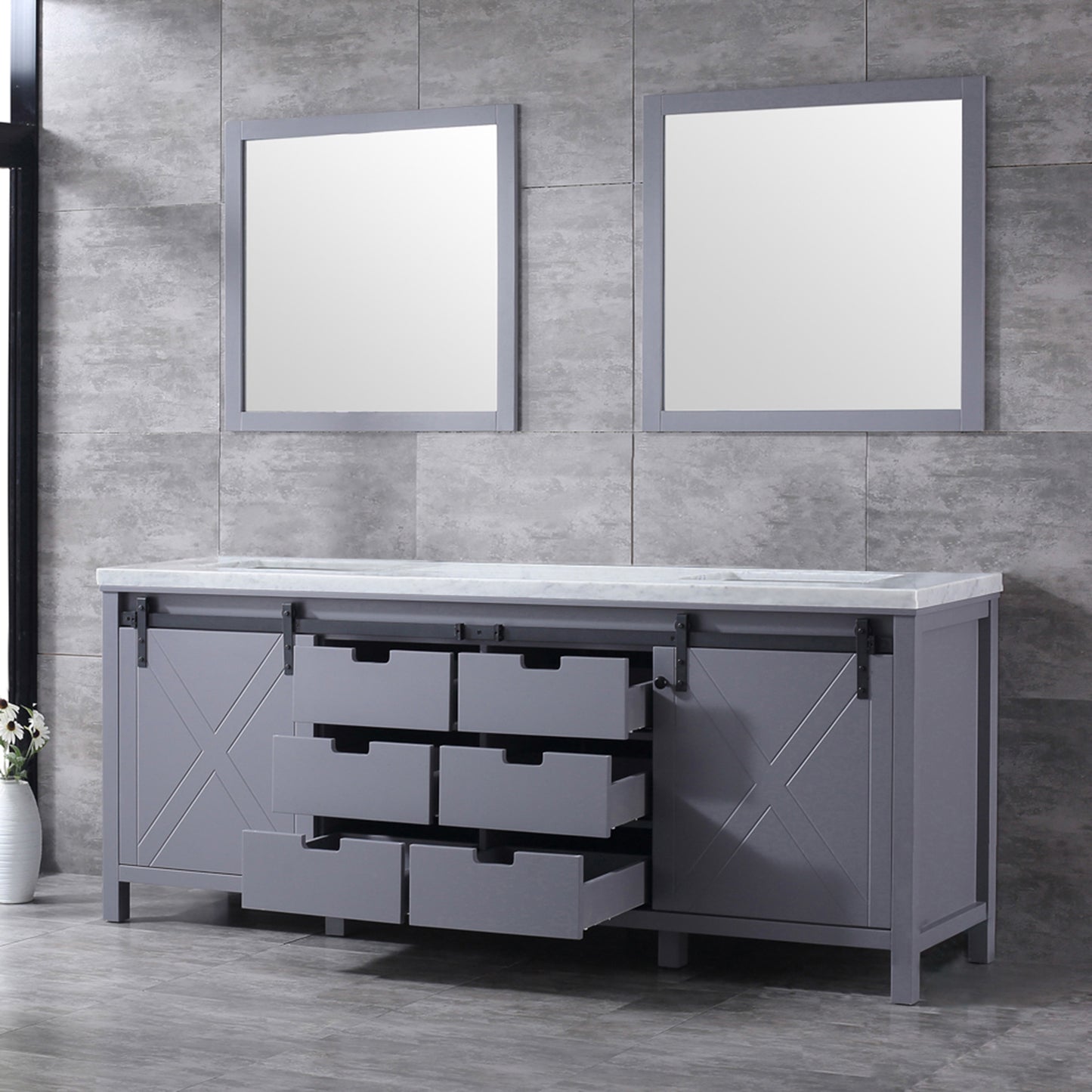 Marsyas 84" Dark Grey Double Vanity, White Carrara Marble Top, White Square Sinks and 34" Mirrors