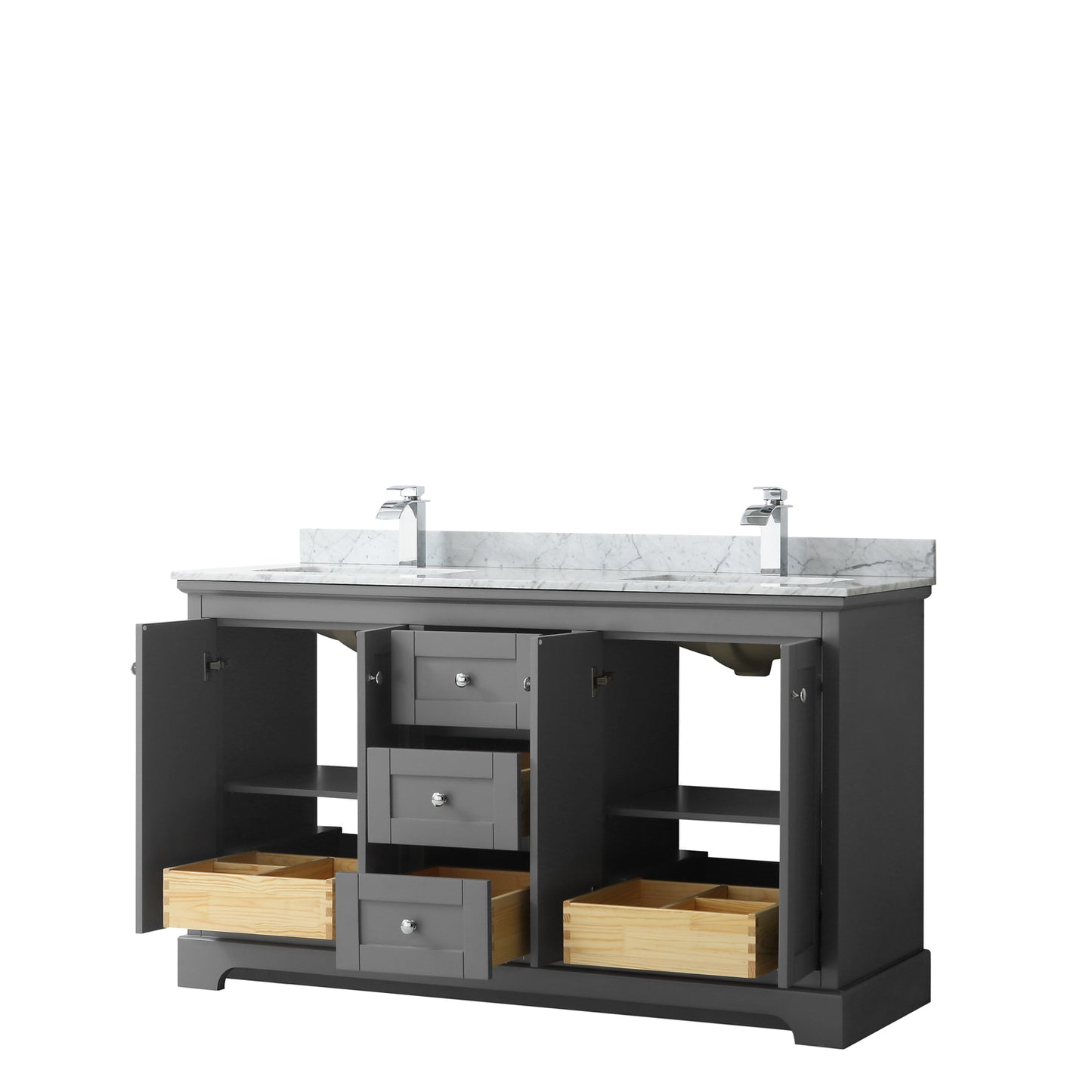 Avery 60 Inch Double Bathroom Vanity in Dark Gray, White Carrara Marble Countertop, Undermount Square Sinks, and No Mirror