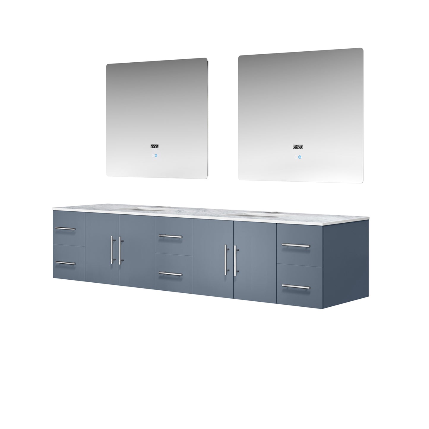 Geneva 84" Dark Grey Double Vanity, White Carrara Marble Top, White Square Sinks and 36" LED Mirrors