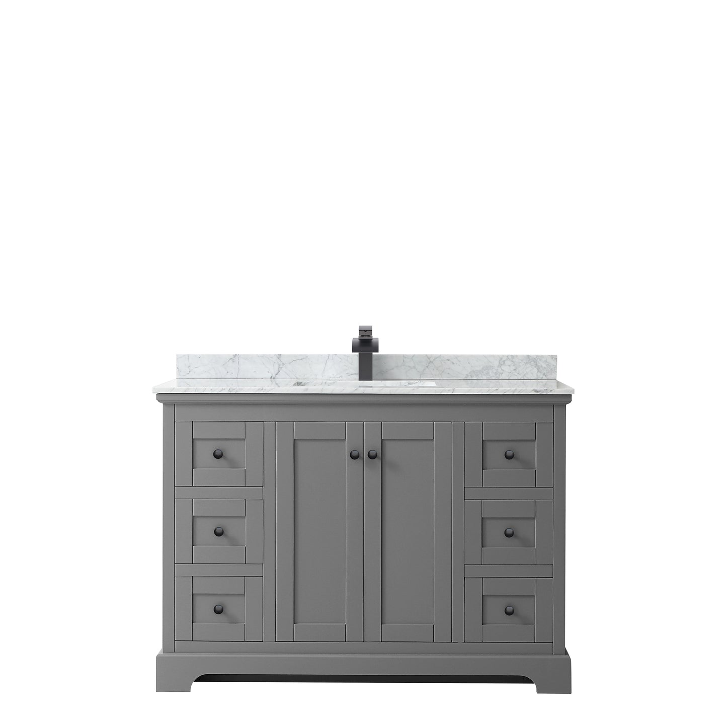 Avery 48 Inch Single Bathroom Vanity in Dark Gray, White Carrara Marble Countertop, Undermount Square Sink, Matte Black Trim