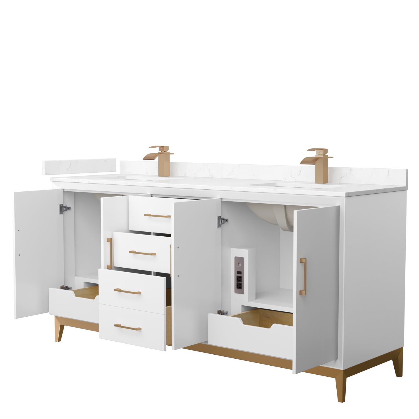 Amici 72 Inch Double Bathroom Vanity in White, Carrara Cultured Marble Countertop, Undermount Square Sinks, Satin Bronze Trim
