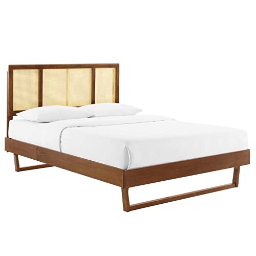 Modway Kelsea Cane and Wood Queen Platform Bed with Angular Legs in Walnut