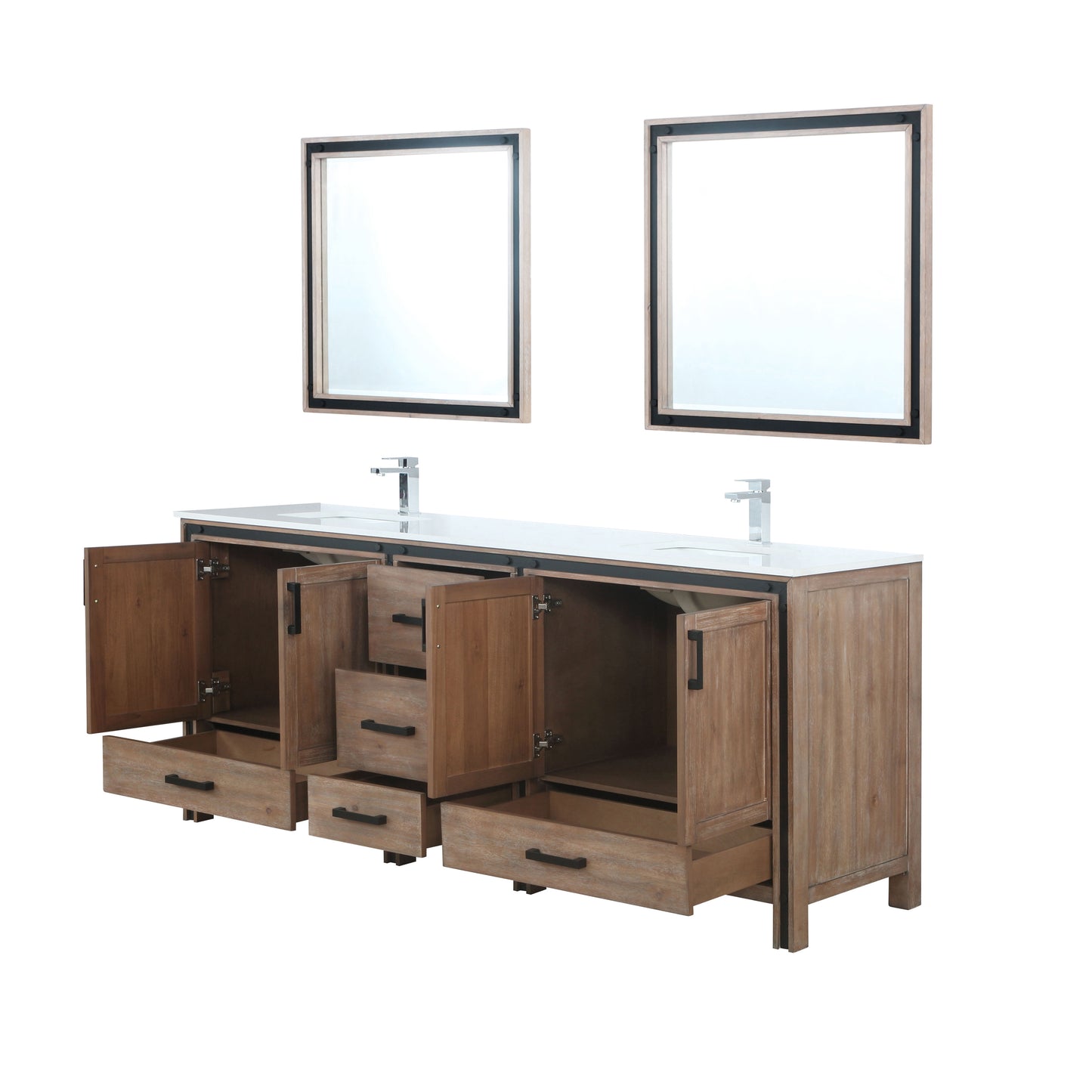 Ziva 84" Rustic Barnwood Double Vanity, Cultured Marble Top, White Square Sink and 34" Mirrors w/ Faucet